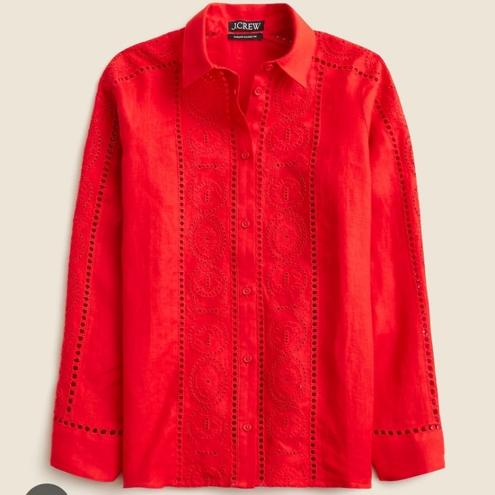 J Crew Garçon classic shirt in eyelet 100% linen CI592 Size 14 NWT Red